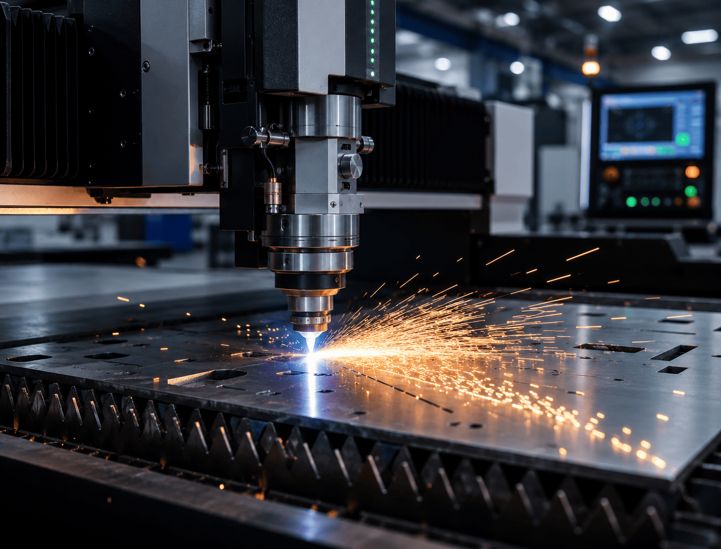 Laser cutter mid-cut with sparks