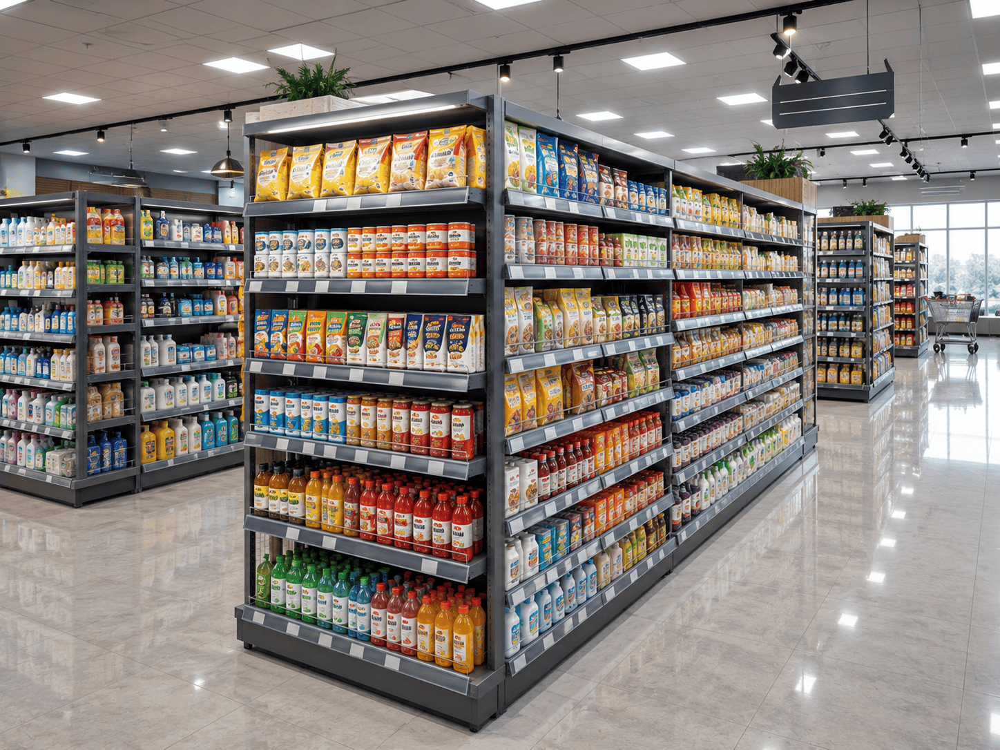 Supermarket gondola display, aisle shot