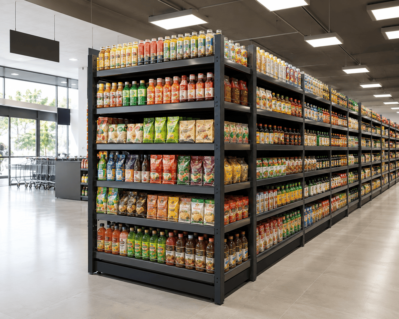 Retail shelving units stocked in a supermarket aisle
