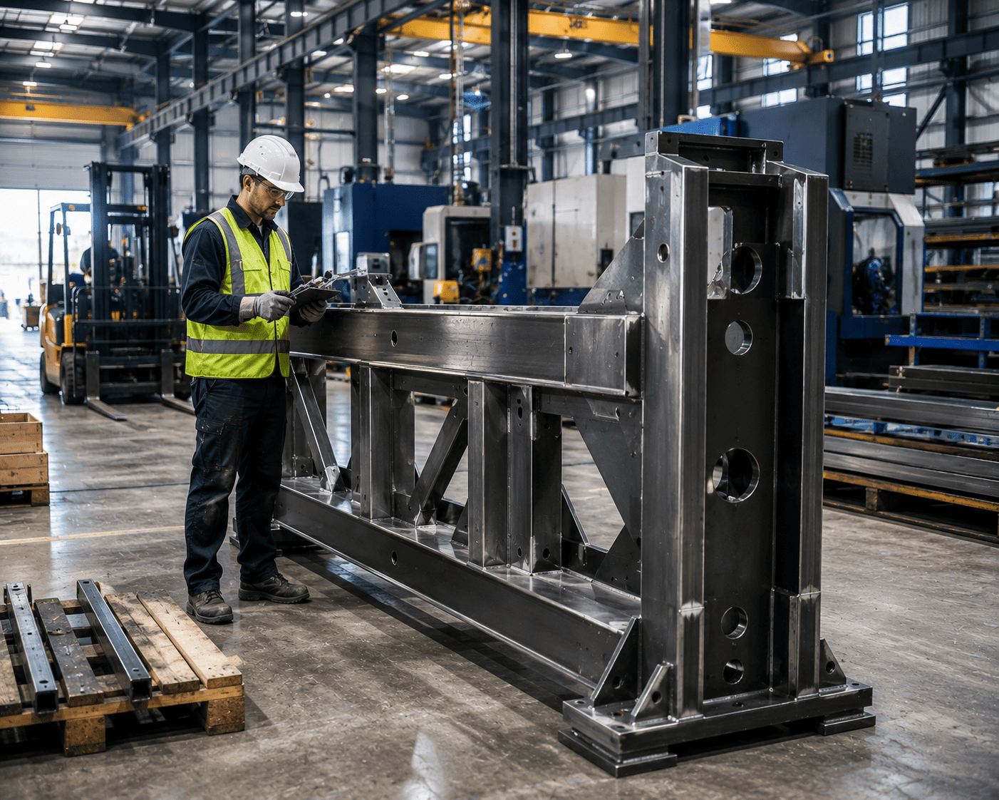 Worker inspecting a finished custom fabricated steel frame